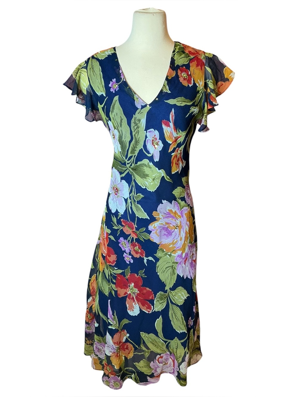 Vintage 90s v-neck floral beaded flutter sleeve maxi dress - L